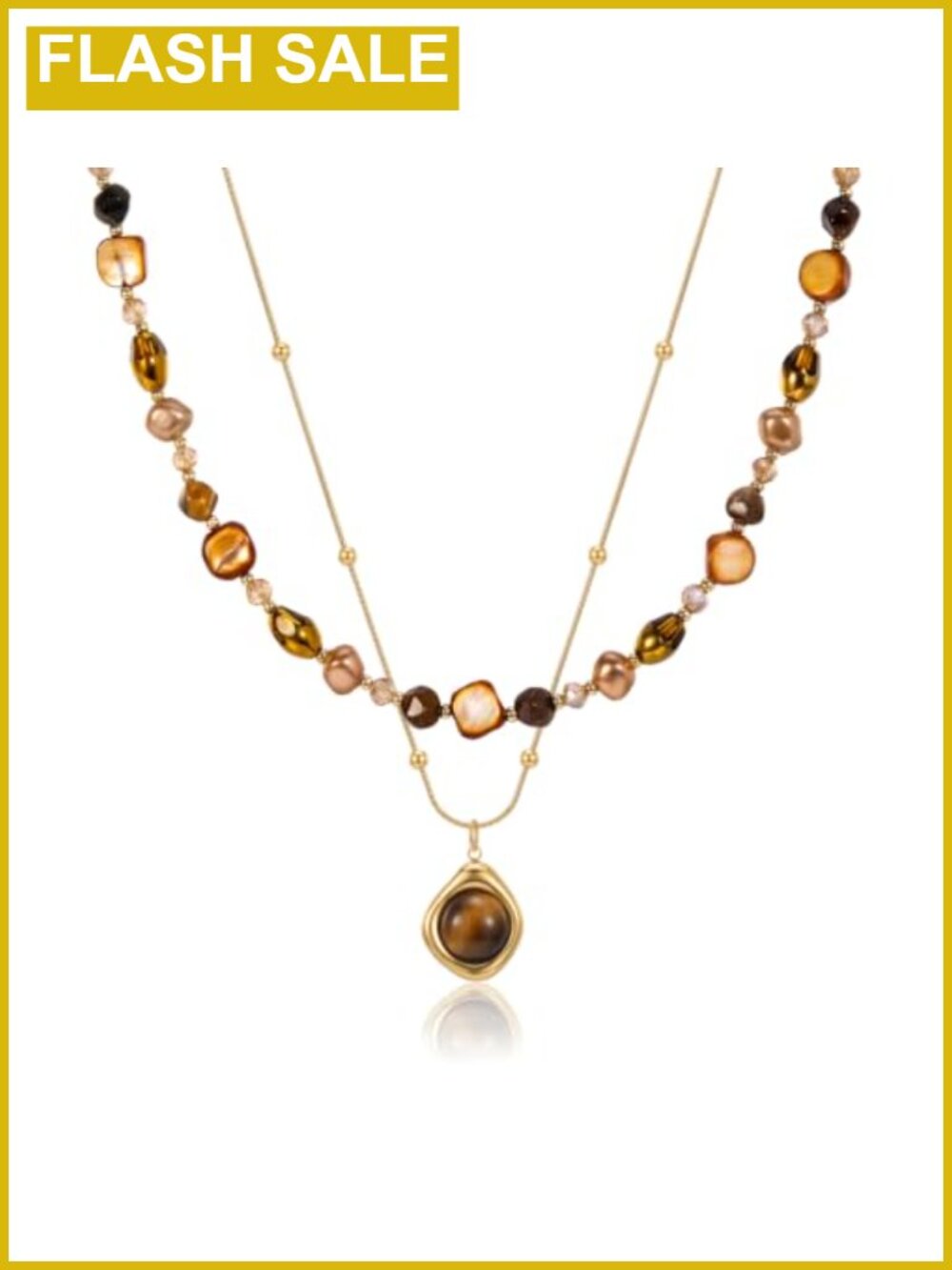 18K Gold Plated Stainless Steel Tiger's Eye Layered Necklace Adjustable